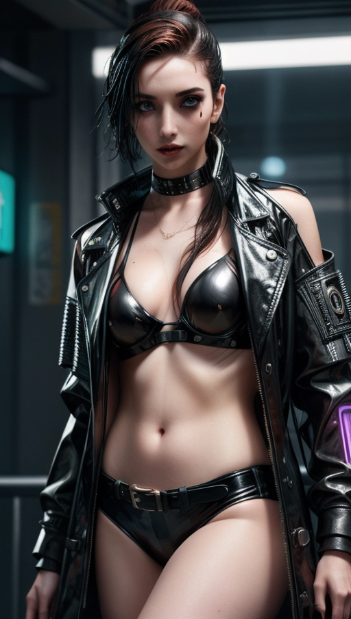 Seductive fit slender female, Assassin trained to seduce men, (confident bratty grin), <lora:PN7xrGpnVMg_Caitlin:0.75>, (Hypnotized), (photo realistic:1.37), (magazine photoshoot), glistening skin, slender, emo, fair skin, pale skin, (detailed skin texture, goosebumps), (((auburn pompadour hair))), ((perfect lips)), (((perfect teeth))), ((torn mesh shirt with bikini top with midriff jacket)),
(((Cyberpunk, Blade Runner))), ((wearing clear trench coat, see through)), (big open mouth), ((Cyberpunk 2077 makeup, circuitry)), (((cybernetics))), <lora:dpmg_cyber_hanfu:0.3>, <lora:dpmg_wet_hair:0.3>, looking sex AF
realistic colors,
natural lighting,
(best quality), <lora:dpmg_add_detail:0.3>, beautiful,(high resolution), (((masterpiece))), (uhd), (16k), ultra realistic skin, realistic clothing texture, realistic lighting, realistic reflection, , detailed eyes, ((3d layered effect)), following camera eyes, (fit prerty body frame), (((((real))))), neon signs and lighting effects