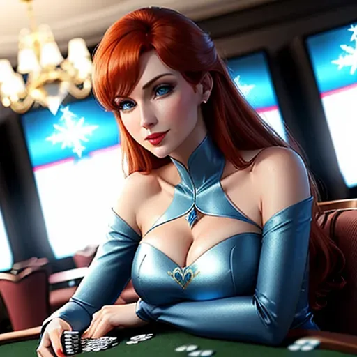 low angle shot, different clothing,
Anna in Las Vegas. playing cards in a casino.
innocent sweet, Anna of Arendelle 37 years old, Nordic, dressed in green attire, large natural round blue eyes, long auburn hair, sweet face, warm smile, soft curved eyebrows, smaller modest breasts.
Elsa of Arendelle 40, slightly taller than Anna. dressed in elegant blue clothing.
five fingers per hand, ultra realistic, unreal engine, reduced saturation, adult