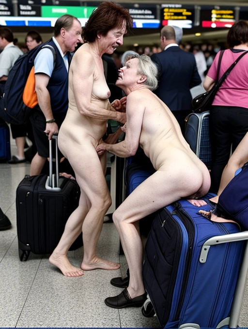 two naked middle aged women are sexually aroused and having public sex together at a crowded airport