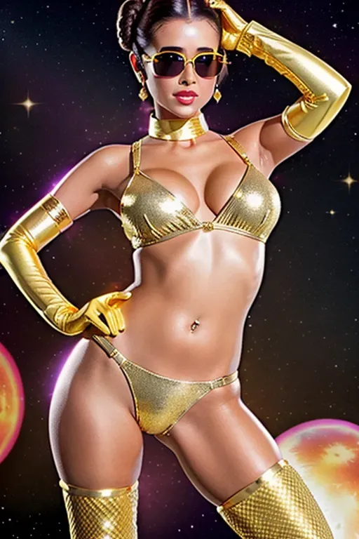 disco 1980s sunglasses, slave princess leia, cute dainty gold metal collar, skimpy sparkly metallic gold shiny bikini, small sized breasts, opera length yellow gloves, detailed gas nebula background, two coiled hair buns, natural looking breasts