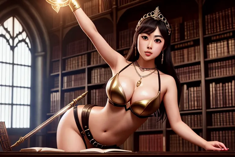 a illustration of,haruka fukuhara,wearing medieval armor,doing sexy pose,at the library,amazing breasts,five fingers per hand,fishtail hair,charming face,beautiful lips,curved eyebrows,pale skin,erotic,wearing necklace,cgsociety,cinematic lighting,sharp focus,surreal,8k
