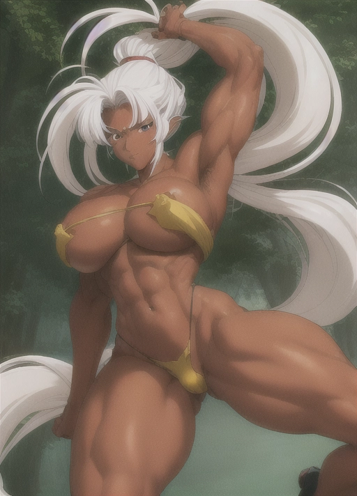 (((90s anime art style))),(masterpiece), absurdres, smooth, soft lines, soft edges, perfect edges, (soft lighting), (soft glow), perfect anatomy, detailed background, hair with great details, perfect eyes, perfect face, (looking at viewer),
lip gloss, smiling, ((flushed cheeks)), erotic, sensual,((forest background)), barbarian woman, serious expression, giantess,
((Long wild hair)). Braids, ponytail, ((white hair)), thick thighs, wide hips, ((small breasts)), ((dark skin)), ((black skin color)), ((((thick arms)))), ((muscular arms)), hairy armpits, ((((muscular)))), ((((enormous arms)))), chubby belly, ((muscular legs)), nude, pubic hair,