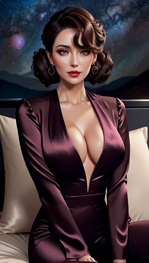 solo woman, Almond-shaped eyes with button nose and full lips,brunette hair in updo with cascading curls hairstyle, Silk pantsuit with a plunging neckline,lying in Stargazing position, cgsociety,soft lighting, (8k high resolution photo)