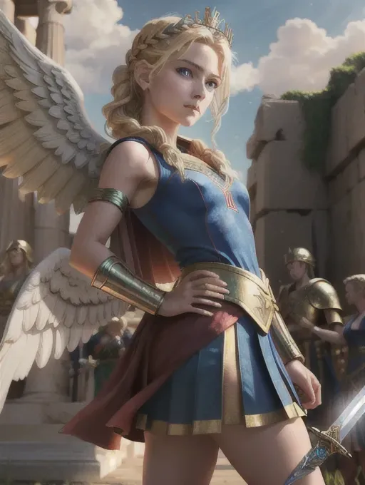 High resolution best-quality image,
My pov,
At Ancient Greek Temple in perfect condition,
stormy sky,
(Greek goddess Athena with perfect pair of (two angel wings)),
ready for battle,
Looking directly at camera,
((Her right hand holding sword by the handle ready to strike)),
(Left hand and forearm Wearing round shield),
(wearing Ancient Greek (Corinthian battle helmet)),
(Wearing (aegis) breast plate),
Wearing tunic,
wearing Xena-style battle dress,
Wearing ancient Greek (Iphicrates) battle boots,
Modestly dressed,
(realistic detailed blonde hair in crown-braid style)
Looks like young Helen Slater,
((perfect gorgeous facial features)),
(Beautiful realistic detailed blue eyes), (realistic detailed blonde eyebrows),
Gorgeous slender strong body,
(((Small) realistic detailed breasts)),
((5-good-hands, five perfect
slender fingers on each hand)),
only two arms per girl,
Body oriented towards camera, (Looking directly at camera),
Looking sexy fierce beautiful smiling seductive,
16K, hyperrealistic, ultra-realistic, photorealistic, 3-D, fine details, 5-hands, sharp focus, pixiv, HDR, absurd resolution, cgsociety, heavily
detailed, rich saturated colours,
(Supergirl colours),
High-fantasy aesthetic,