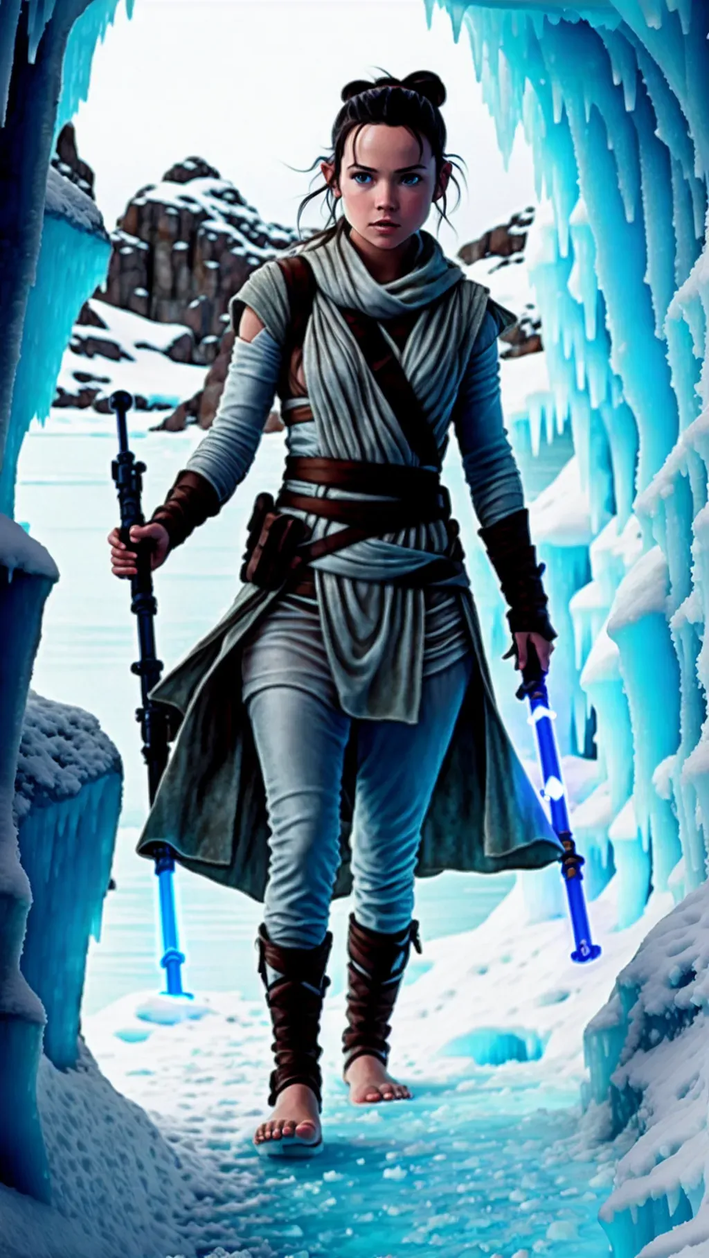 Dopamine Girl - barefoot Rey Skywalker wearing her normal attire while  exploring deep inside the ice cave of Hoth with ice-covered bare feet  sinking into the snow while holding her lightsaber, barefoot,