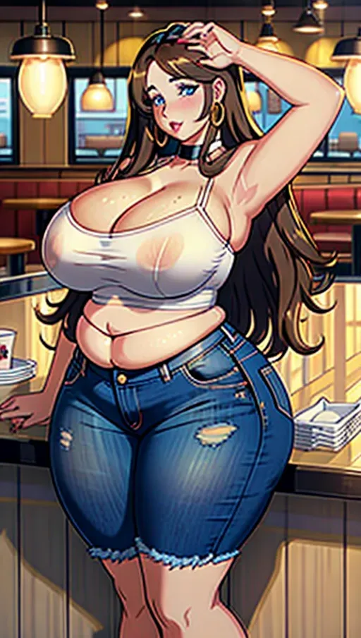a photo shot of, an ssbbw girl, mommy, milf, indoor, in fast food restaurant, holding burger, bombshell, fattest girl, huge breasts, large belly, huge belly, fat belly, fat rolls, giant belly, chubby, huge thighs, fat thighs, giant thighs, massive thighs, thicc thighs, muffintop, huge muffintop, fat muffintop, spare tire, thicc, five fingers per hand, long hair, silky hair, straight hair, golden-brown hair, beautiful face, wide hips, weight gain, feederism, fatty, freckles, beautiful lips, blue eyes, pale skin, cosy, smooth, pixiv, highly detailed, surreal, sharp focus, full body, beautiful pussy, lying down, fat pussy, fat arms, huge arms, extra large hips, extra large waist, white tube top, denim thong