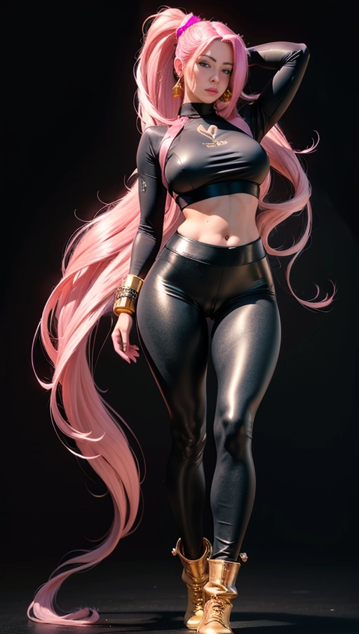 best quality, (((ultra high res))), (((detailed face and eyes))), (perfect face), big shining heart choker, earrings, jewelry, ((long voluminous hair)), (((long black gloves))), ((pink hair)), straight hair, (((golden bracelet))), ((single ponytail)), (((huge golden hair cuff))), ((skintight crop top)), long sleeves, (lipstick), ((((neckholder top)))), (((skintight))), ((neckholder)), (((leggings))), ((((very long hair)))), black boots, ((cameltoe)), dark background