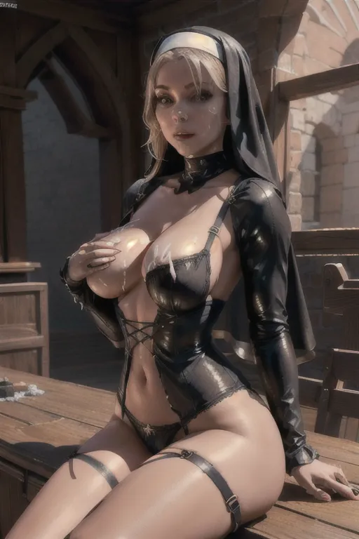 3d, looks like dnd nun, editorial, lingerie, porno scene, (outfit:1.4), (perfect breasts:1.3) with nice nipples, dynamic scene, 8K, digital photo, (cum slut:1.3), fingering her pussy,