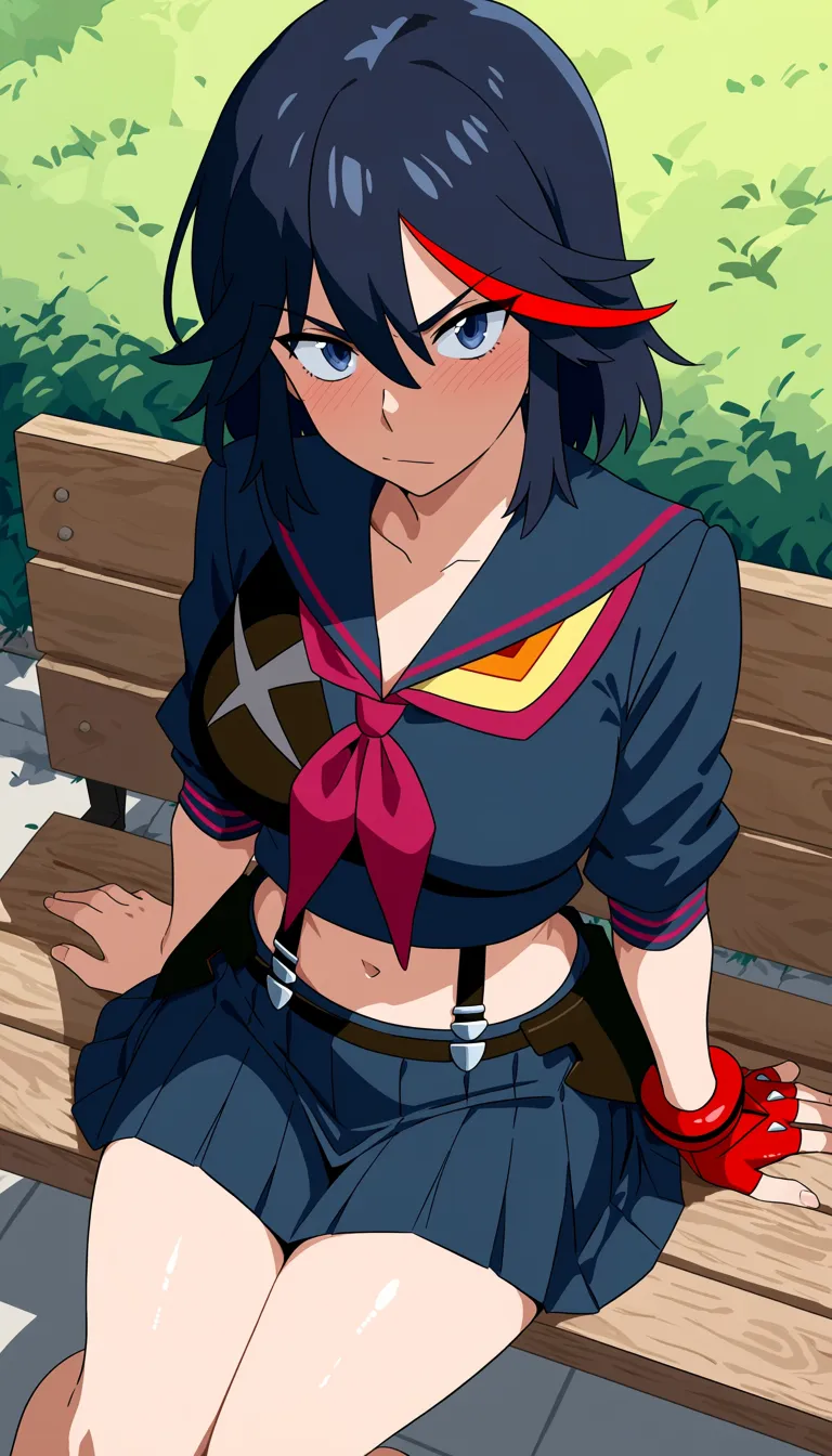 masterpiece, best quality, safe, 1girl, matoi ryuuko, kill la kill, blue hair, multicolored hair, blue shirt, blue skirt, serafuku, red neckerchief, midriff, red gloves, outdoors, bench, sitting, looking at viewer
