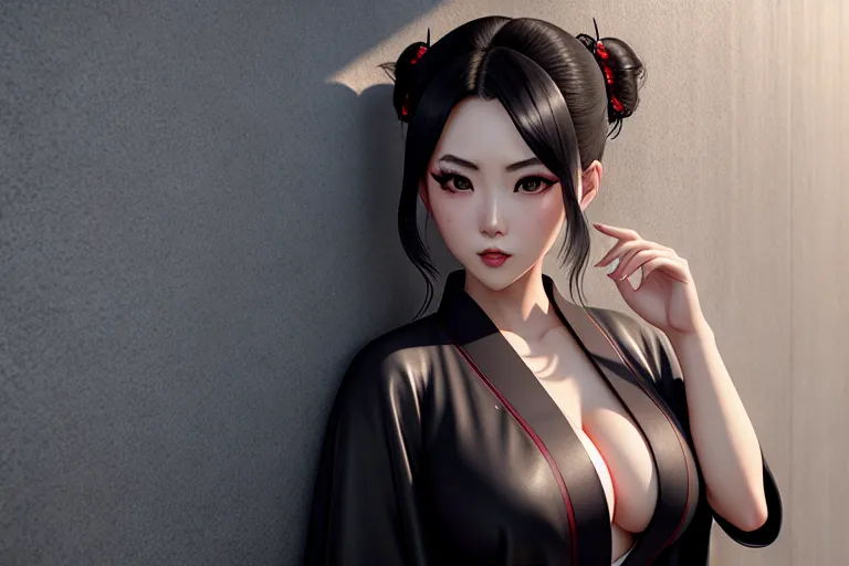 a illustration of,eimi fukada,wearing kimono,leaning against the wall,in a dystopian future,big breasts,five slender fingers,fishtail hair,charming face,beautiful lips,black eyes,curved eyebrows,curved eyelid,pale skin,tattoo,8k,cgsociety,pixiv,unreal engine,ultra realistic