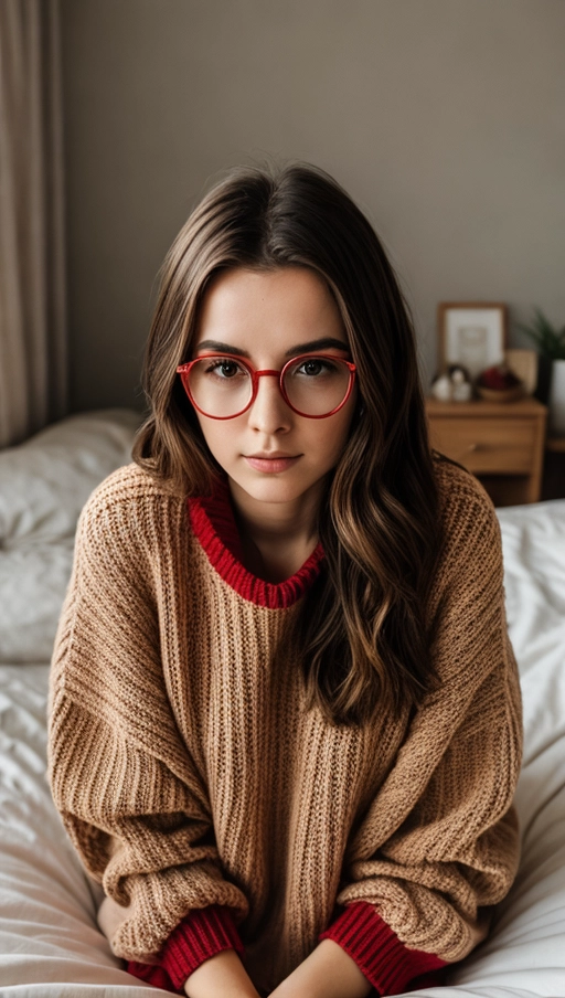 A young Czech woman, at her knees, in bed, small, oval face, freckles, pair of glasses, brunette hair with a mixture of red stripes, very thin chest, oversized sweater, charming