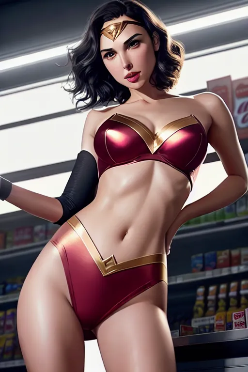 a illustration of,gal gadot,wearing camisole,shooting from a high point,at the convenient store,big breasts,five fingers per hand,short hair,beautiful face,beautiful lips,blue eyes,curved eyebrows,curved eyelid,pale skin,satisfaction,wearing golden ring,surreal,cinematic lighting,smooth,highly detailed,artstation