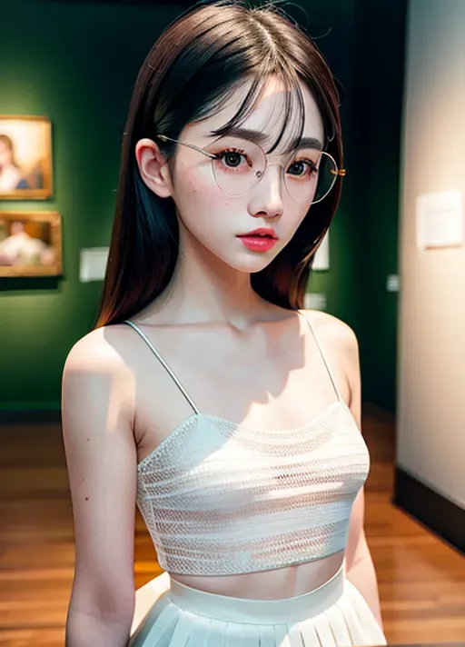 a highly detailed photo of, dpmg_asian_aesthetic_v1, bangs, braid, pale skin, ultra real skin texture, realistic skin, realistic hair, realistic eyes, realistic, (((ultra realistic))), 18 years old, ultra quality, ultra realistic skin,((perfect pretty face)), (accurate eyes), accurate mouth, ((accurate hair color)), ((detailed hair features)),((detailed facial features)),((detailed body features)), best quality, 8k resolution,beautiful face, perfect body, anorexic, big rounded eyes, perfect shadows, beautiful red lips, inocent face, highly detailed face, curved eyebrows, correct anatomy, 8k, insanely beautiful, ultrarealistic, five fingers per hand, ((detailed arms features)),(textured skin),((beautiful lips)),((highly detailed)),((8k resolution photo shot)), cinematic lighting, slim, skinny, small waist, barely legal, (photorealism:1.5),(photorealistic:1.4), RAW photo, High detail RAW color photo, a professional photo, hyperrealism, photography, cinestill 800, hyper-realistic lifelike texture, wearing a white tiny pleat skirt, see through sheer blouse,<lora:dpmg_round_glasses:1>, wearing rounded glasses, wearing backpack behind the back, at a museum, all in frame, full frame, wide shot, long shot, porking nipples,