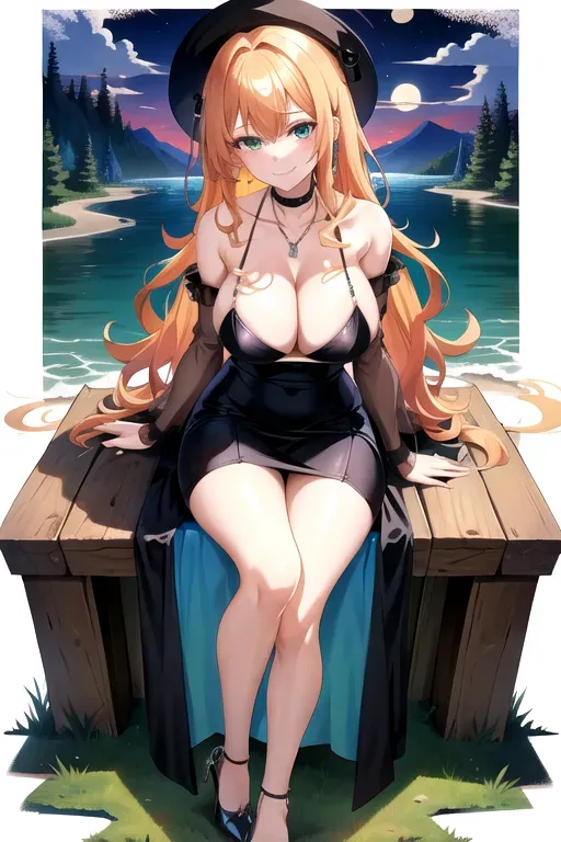 full body, strawberry blonde hair, green eyes, short girl, black high heels, looking at viewer, long hair, pale skin, silver necklace, 24 years old, giant breasts, cute face, pov, wavy hair, wide eyes, erotic, skirt tug, nighttime, slim body, sitting by lake, smiling, cleavage, 44F breasts, standing by campfire, blue minidress, serving drinks, blue miniskirt