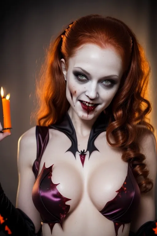 Beautiful skinny redhead thin confident sexy girl wearing a revealing vampire costume, professional closeup photography with Canon ultra high resolution dslr HD camera , (( lascivious smile)), full makeup, ((Halloween party scene)) , libidinous expression, slightly curly hair, updo hairstyle, makeup, flirting with me, sexually excited, (looking into my eyes), sexually aroused, ((sexually attracted to me)), opulent jewelry, (((wearing a revealing vampire costume))),