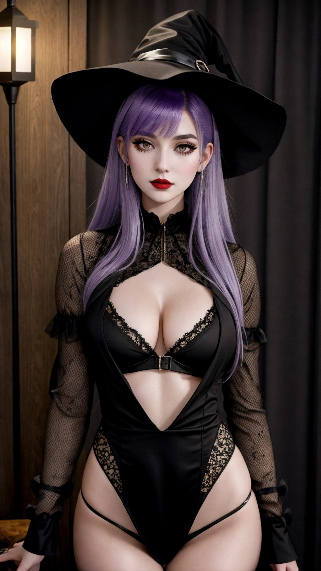 Maggie is an 18-year-old witch with pale skin and silver purple hair. She has sharp, tired yellow eyes and a beauty mark below her right eye. Maggie stands at 170cm tall, which is equivalent to 5 feet and 7 inches. She has a narrow waist, medium breasts, and large ass. Currently, she is wearing a tattered black Witch hat with holes in it, a long split black dress with fishnets on.