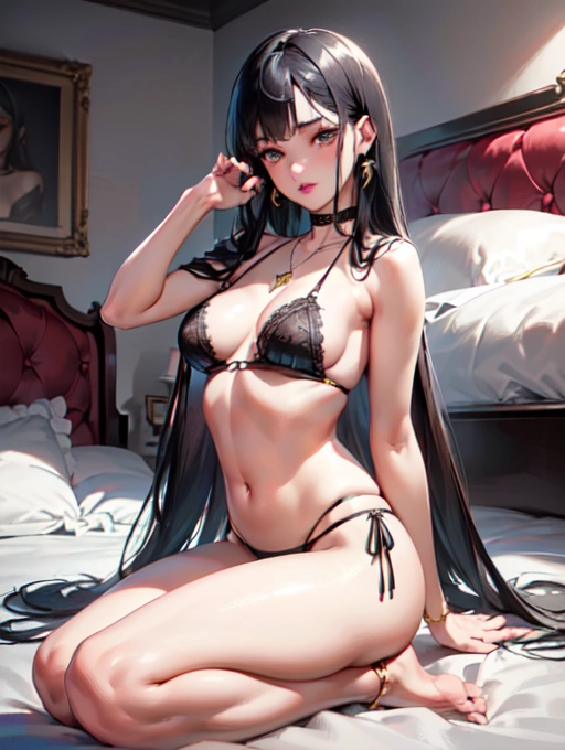 photorealistic, 8k, accurate face, (((detailed face))), (((replicate inspiration face))), full figure shot, shining eyes, female face, cute, 21 years old gorgeous, luxuriously long black hair, lipstick, bangs, small breasts, choker, necklace, pendant,
wearing tight black lace lingerie , in bed room,