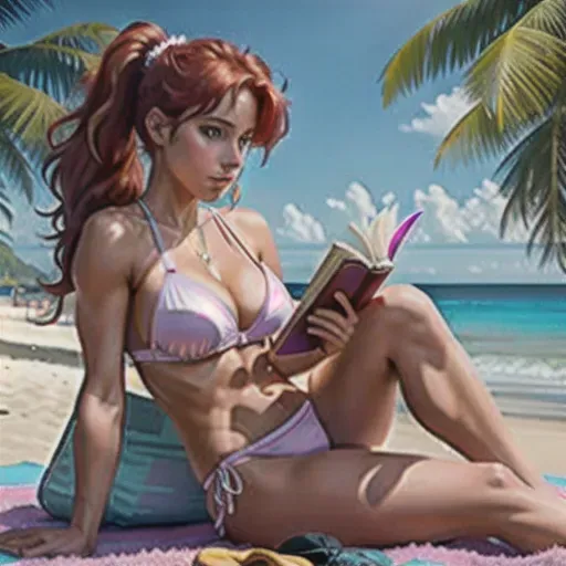 highly detailed background, sandy beach with scantily clad women playing and sunbathing, (dressed in bikini or thong and topless), (trees and ocean in the background), Single girl lying down on towel on the beach sunbathing and reading a book, (faced down supported on elbows and with arched back), the girl is a sexy redhead with small breasts and hair in a ponytail, (reading a book), (20 years old), (scandinavian descent), (happy and focused look), (beautiful face), (very detailed face), (beautiful lips), (perfect body), (soft skin), (toned body), (distinct abs), (purple thong strings visible), (pink hot pants), (purple push-up bra with thin shoulder straps), (transparent white tank top over bra), (clearly visible erect nipples), (head towards the viewer), (large cleavage visible), (beach bag and shoes placed beside towel), best quality, high resolution, photorealistic, masterpiece,
