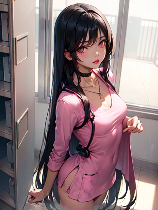 photorealistic, 8k, accurate face, (((detailed face))), (((replicate inspiration face))), full figure shot, shining eyes, female face, cute, 21 years old gorgeous, luxuriously long black hair, lipstick, bangs, small breasts, choker, necklace, pendant,
wearing pink scrubs outfit, in locker room,
