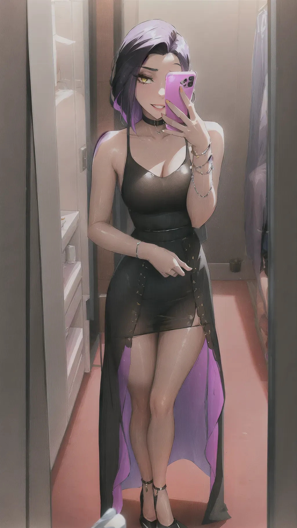 Girl with black, purple, and yellow hair posing in the mirror holding a iphone. She is wearing a black see through dress, sexy legs exposed, high heels, <lora:dpmg_sam_yang:1>
