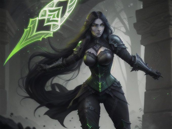 Picture of a Photorealistic Caucasian female dark Paladin. She has glowing green eyes and long black hair. She wears a full body suit of black armor with an over bust corset styled chest piece. The armor has green runes carved into it. The female dark Paladin wields a menacing greatsword that glows with otherworldly green energy.