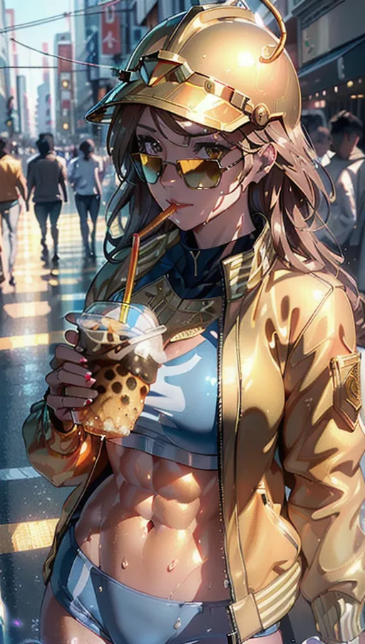 Best quality, high res, 1 adult woman, (a breathtaking masterpiece of extremely close up detailed face of a muscular adult woman with golden helmet on head drinking bubble tea on a busy tokyo city streets), (long flowing brown hair, golden Gladiator helmet on head, short sporty jacket showing abs and bellybutton, fancy sunglasses:1.35),
(extremely detailed face with a confident expression:1.38), (extremely detailed golden eyes looking at viewer:1.42), (extremely detailed full lips smiling energetically:1.24), (perfect hands, perfect fingers), (extreme close up face of a woman drinking bubble tea with a straw, zoomed in detailed shot of face from the side:1.25),
abstract feel during midday, high contrast, ((ethereal, erotic), fierce and energetic, functionally nude, energetic and expressive pose), muscular, beautiful soft lighting, (glistening with sweat:1.2),
(candid:1.1), (soft focus, beautiful soft midday lighting, flat shading stylised art:1.27), (physically-based ray tracing, photon mapping, photorealistic:1.45), (high resolution masterpiece, 4k, HDR, UHD:1.25), tokyo city streets background, 8k, HDR, UHD, vivid colours, gladiator helmet