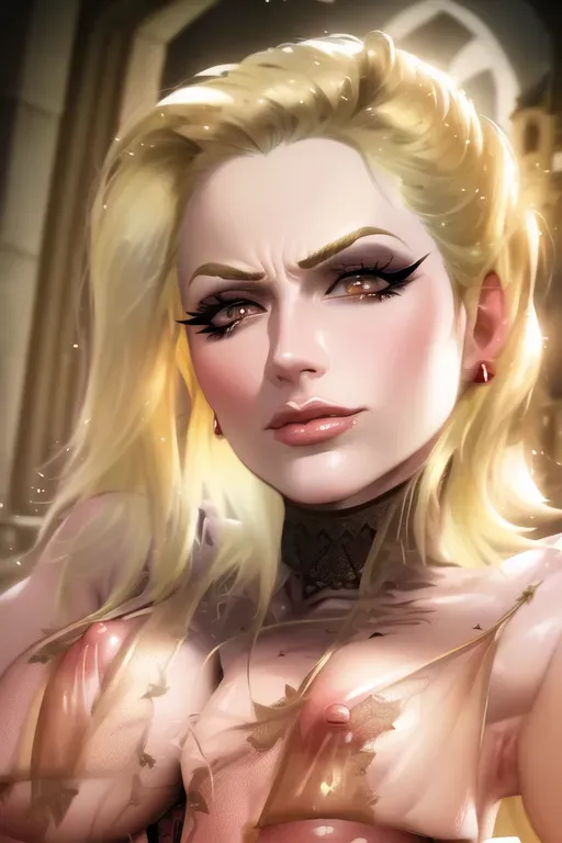 nsfw, masterpiece, best quality, cowboy shot, standing, castle, solo, (mature female:1.3), lips long eyelashes, slim body, blonde short hair, hime cute, angry, brown eyes, large breasts, cupless lace bra, nipples, crotchless lace panties, red panties, pubic hair, pussy <lora:crotchless:1>