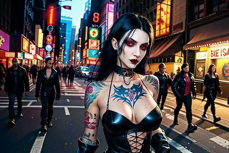 A beautiful goth vampire woman with black hair and a slinky body and rough edged with tattoos looks like a member of a street gang, walking down the streets of New York City late at night, realistic photograph, street lights