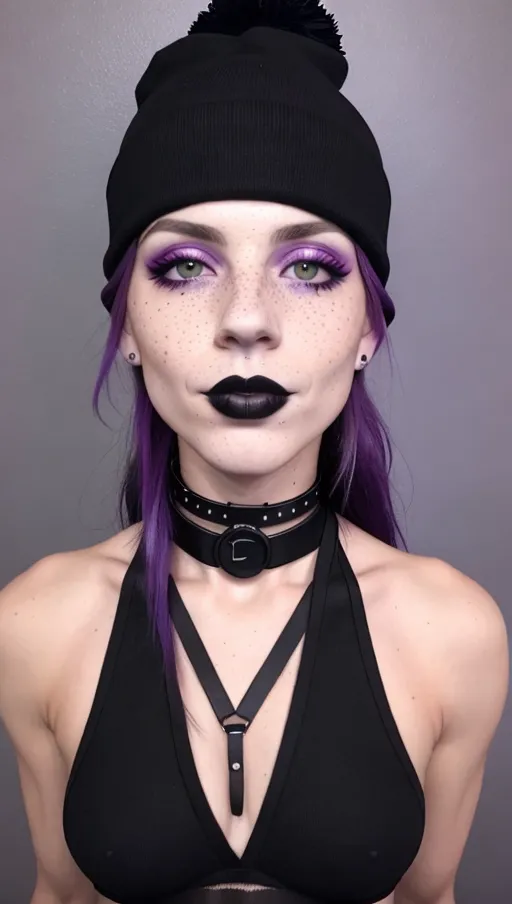 replicate inspiration face, freckles, black lipstick, black beanie, skinny, dynamic pose, choker,
location is a dimly lit bedroom, purple lights,