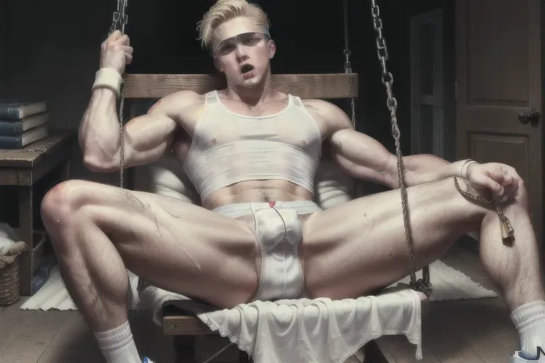 masterpiece realistic, top-quality image, gangbang, high-resolution photograph, photorealistic image of a twenty-year-old rugged blonde man wearing a blindfold being fucked in the ass (his legs up and restrained, laying on his back in a leather sex swing, wearing a white athletic tank top and dirty nike trainers with white socks, no pants, screaming with underwear stuffed into his mouth), his big European semi-hard cock is exposed leaking cum, very highly detailed handsome face wincing in pain (sharp image), detailed textured skin with pores, slender male body, sparse body hair, legs wide, huge dick cumming in his asshole, jerking a mans cock with each hand, covered in cum