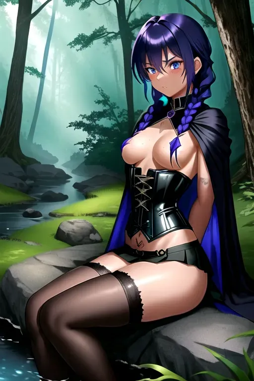 Pitch black skin, fantasy rogue sitting at the edge of a creek in a forest, cute face, skirt, corset, stockings, dark blue cloak, jewelry, purple hair, braids, mid length hair, blue eyes, small boobs, freckled face, perfect tits, half uncovered, beautiful, athletic body, tattoos, serious face, beautiful face,