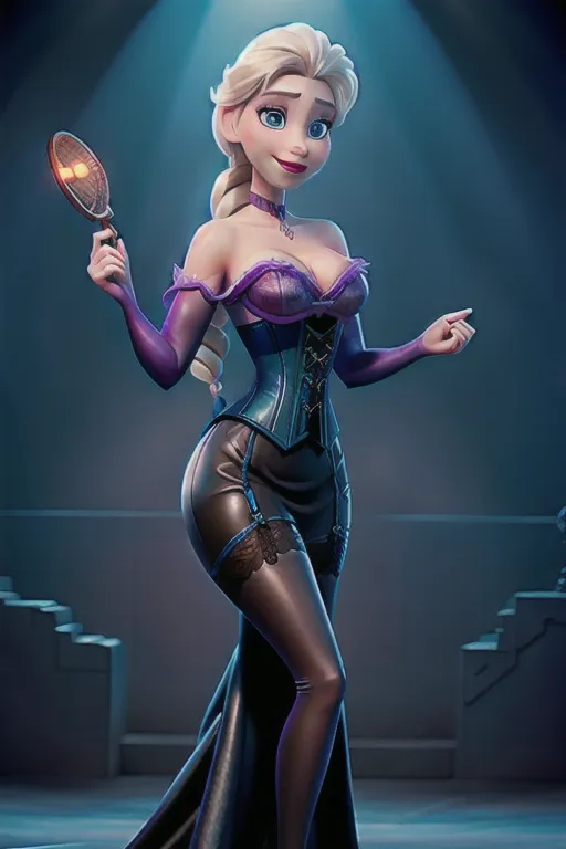 Elsa from Frozen as a sexy dominatrix, wearing corset, wearing fishnet stockings, leather outfit, holding a whip