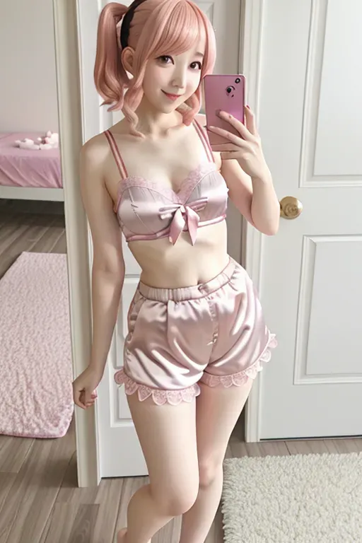 Best quality, Lilypichu, Lily Pichu, standing in doorway, satin camisole and shorts, sexy, real Bell Delphine, lace, pink hair, smirk, cellphone, pajamas, step sister, Korean,