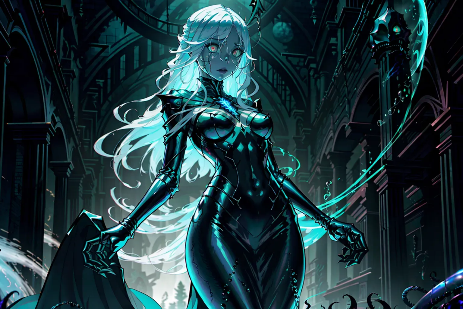 a concept art wide shot of (Emily Hampshire)(completely accurate face)(glaring eyes)(Cruel facial expression), (as a Lovecraftian necromancer)(Eldritch),<lora:dpmg_upshirt:0><lora:dpmg_crazy_expression:1>, full body, under a full moon in a abandoned necropolis(tentacled horrors in the sky)(thick low fog covering the ground)(levitating off the ground),(wearing Long Sorceress hooded chitinous robes)(Runic Symbols)(green eyes)(sash)(Bedlah)(radiating dark Shadow Magic around hands),(skinny slender athletic physique)(wind swept)(long wispy hair tendrils sides),(Dancing pose with hands in the air)(very tiny perky breasts), five slender fingers,beautiful face,beautiful lips,detailed large eyes,curved eyebrows,cgsociety,natural lighting,professional,editorial, (oily skin glistening)(bokeh)