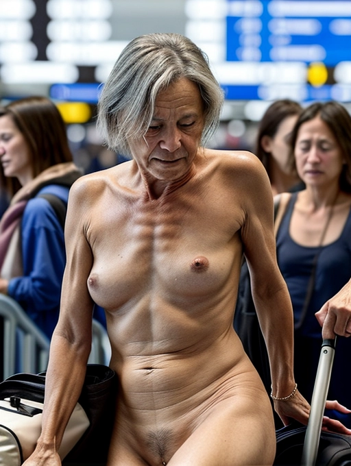 a naked middle aged lady, realistic face, is having sex in public with her girlfriend in a crowded airport