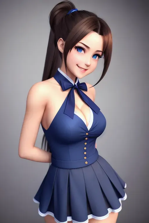 a digital art of,small breasts,five fingers per hand,ponytail hairstyle,charming face,beautiful lips,blue eyes,curved eyebrows,smooth skin,peaceful,pretty feet,pixiv,studio lighting,unreal engine,artstation,smooth stockings, english, schoolgirl, smile, happy, real, realistic, warm skin, cleavage