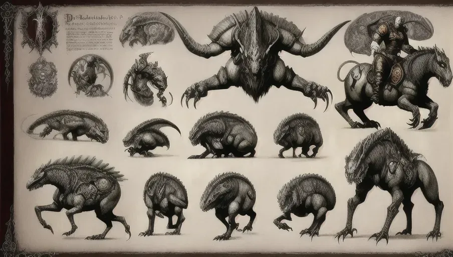 ((8k, high detail, ultra-crisp, high resolution)) character design sheet from artist Edward binkley of a monster riding a creature . ((Medieval bestiary art)) (((multiple arms from Diablo game bestiary art))) realistic animal anatomy (create creatures with multiple eyes of the otherworldly kind)