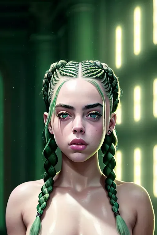 a digital painting of,billie eilish,naked,paizuri,in throne room,five fingers per hand,braids hair,charming face,beautiful lips,green eyes,curved eyebrows,smooth skin,satisfaction,bokeh,cinematic lighting,ultra realistic,editorial,cgsociety