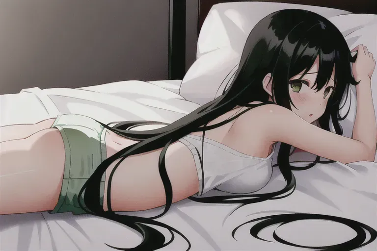 a image of a girl lying on bed on her stomach,sex, her shorts are half down, arched back pose, 1 boy, 1 girl, nsfw, very long hair,her hair falls over her body, dark hair, emerald eyes, satisfaction, orgasm