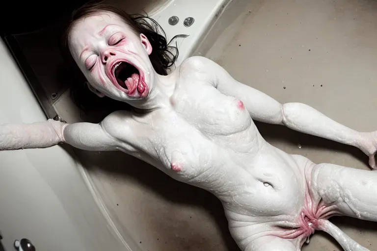 A girl with no limbs and no clothes, with white semen on her body, sticking out her tongue, rolling her eyes, and flushing