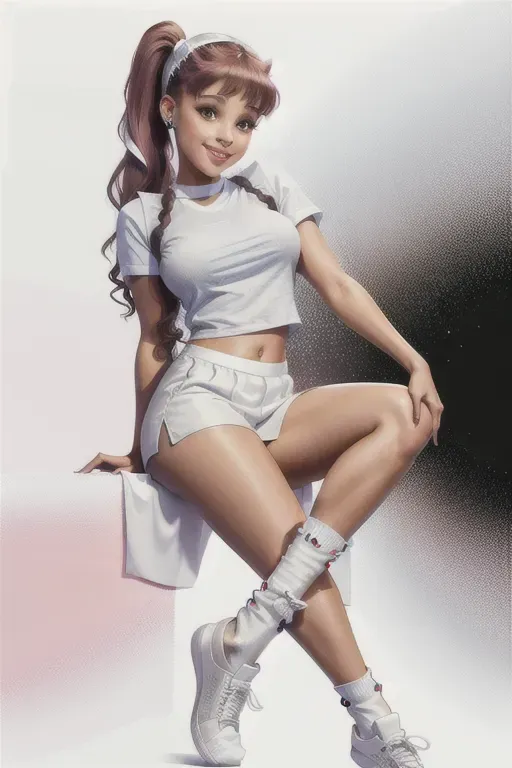 a 8k high resolution photo of,smiling ariana grande,
((((looking at the camera)))),
(((top and knee length shirt and white ankle socks))),
((((detailed female anatomical features)))),beautiful lips,textured skin, pigtail hairstyle, legs spread wide open, upskirt, black skin