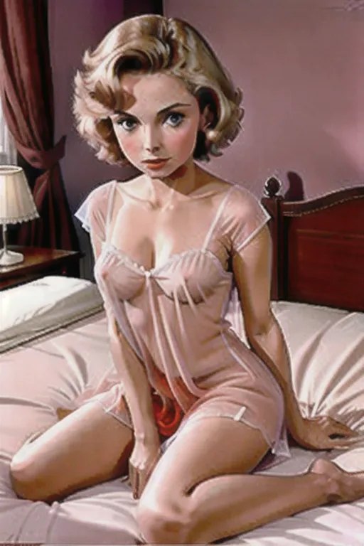 Photo of, Janet Leigh,naked,bed,sheer nightie,legs spread,red cheeks