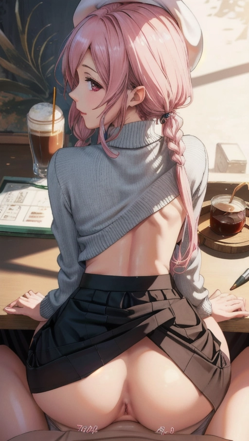 (Best quality), high quality pin up wallpaper, an adult woman, (a breathtaking masterpiece of back view of an adult woman sitting down and working on a wooden table in a serene cafe), (long pink hair with low twintails, beret and sweater and pencil skirt:1.2),
Toned and slender adult, (extremely detailed pink eyes:1.05), (extremely detailed profile view of realistic face with neutral expression:1.08), beautiful detailed full lips smiling slightly, (zoomed in view from below of naked pussy and butt:1.32), perfect legs,
beautiful soft daylight in a serene and peaceful cafe, hyperrealistic skin, (yuzuriha inori from guilty crown showing pussy in a cafe with coffee and beret and pencil skirt:1.25)
pussy shot from below of an adult woman sitting in a cafe with coffee, soft focus, sharp and clear image, (flat shading stylised colorful art:1.07), <lora:dpmg_add_detail:0.25>, (physically-based ray tracing, photon mapping, photorealistic:1.35), (high resolution masterpiece, 4K, HDR, UHD:1.35), <lora:dpmg_pov_doggy:1>