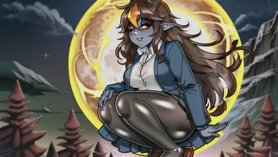 hobbit girl, sparkling cheeks, black skin, schoolgirl uniform, brown hair, red eyes, full body, dark carnival, beautiful, full moon, three moons, night sky, <lora:dpmg_pantpulldown:1>, <lora:dpmg_breast_grab:1>