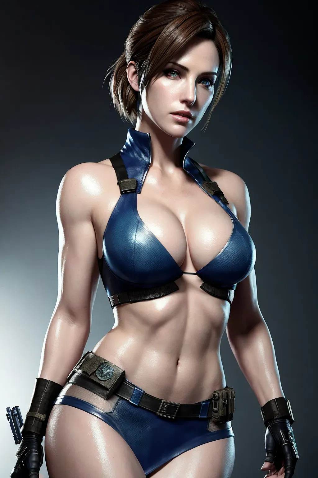 a concept photo of, Jill Valentine, resident evil themed clothing with intricate detailing, realistic eyes, curved eyebrows, textured skin, flawless face, slight frame, small breasts, cgsociety, unreal engine, highly detailed, artstation, deviantart, sharp image, centered, volumetric lighting, hyper-realistic, backlighting, studio lighting, raccoon city,