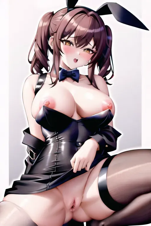 1girl, wearing a short dress,leggings,fishnets, big breasts, big ass, medium hair, topless, lace linger, brown hair, bunny girl Outfit, nipples, nsfw, editorial, professional, 8k, dpmg_cowgirl_v1, dpmg_lauren_summer_v1