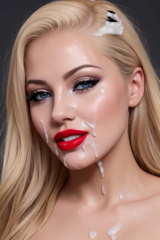 a 8k high resolution photo of beautiful blonde female, ((dpmg_face_cum_v1)),(((cum on face))), ((a lot of cum on face)), ((cum in hair)), (((cum on chin))), (((cum on eyes))), (looking straight into the camera), (fake eyelashes), detailed female anatomical features, (heavy black eyeliner), (((red lipstick))), textured skin, (blue eyes),