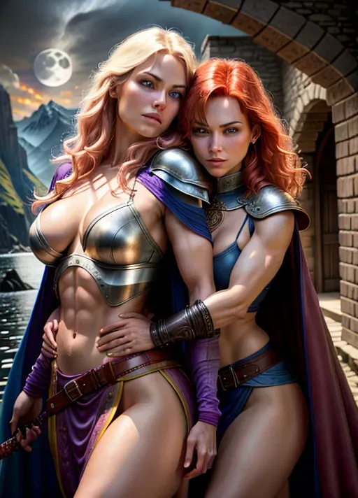 High fantasy setting (Dungeons and Dragons), two women, Olivia Wilde with long blonde hair and Dina Meyer with short red hair, wearing purple and blue armour, long cape, skirt to knees, high leather boots, medium natural breasts with large cleavage and erect nipples, toned and slim body, abs, slender arms and legs, small ass, midrif, narrow waist, looking sexy with a sensual expression, very beautiful face, very beutiful eyes, round eyebrows, standing with arched back in a sexy pose ready to attack, erotic smile, holding dagger or sword in one hand, looking at the viewer, passionately kissing and hugging each other, groping breasts, nsfw,
castle on a cliff next to a lake and forest in the background, full moon, moon light,
two arms, two hands, five fingers, detailed fingers, two legs, two feet
<lora:dpmg_add_detail:0.4>, vivid colors, cinematic composition, artificial light, UHD, HDR, highest quality, highest resolution, (photorealist), (photorealism), (masterpiece:0.4)