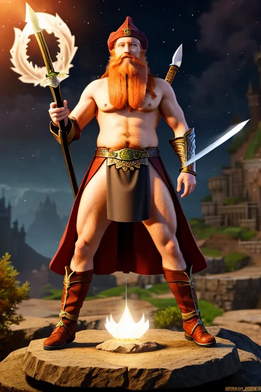 A ginger wizard with a sword, old wizard, long beard. magic powers, flying in air. sexy girls in the background