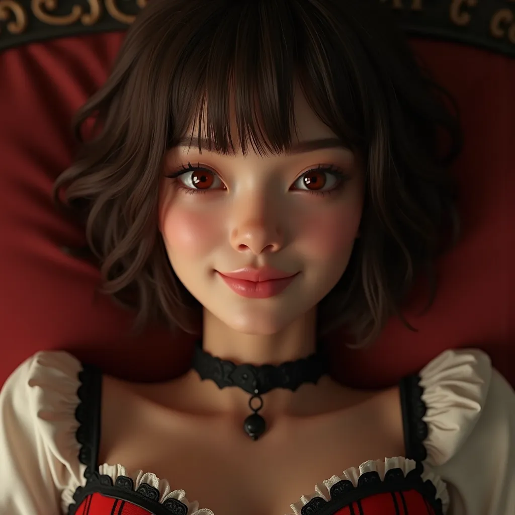 (Best quality, high quality cinematic film wallpaper, high res, 4k, HDR, UHD), 1 adult woman, (a breathtaking masterpiece extreme close up portrait of a womanlounging casually in a victorian era manshion), (messy short brown hair in a bob cut with straight fringe, victorian style red corset, black choker:1.2),
(correct slender human anatomy, victorian style red corset), (extremely detailed red eyes looking at viewer:1.27), (extremely detailed view of her realistic face with smug expression:1.25), (beautiful detailed full lips smiling smugly:1.3), (extremely zoomed in detailed view of her realistic face:1.27),
(Warm atmosphere vintage film scene), high contrast, (lounging casually in a victorian era photoshoot), hyperrealistic skin with pores and blemishes, five slender high quality fingers, niijima makoto from persona 5,
((muted colours:1.27)), close up cinematic composition view of a woman in a victorian era photoshoot, soft focus, sharp and clear image, (candid:1.1), (flat shading stylised art:1.07), <lora:dpmg_add_detail:0.55>, (physically-based ray tracing, photon mapping, photorealistic:1.45), ((high resolution masterpiece, 4K, HDR, UHD:1.45))